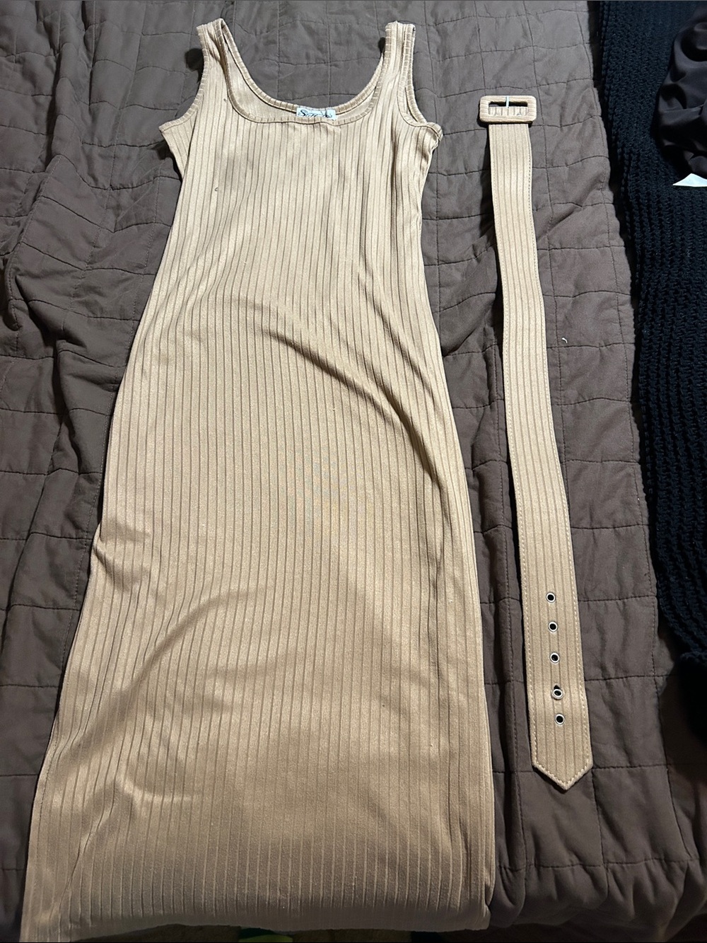 Stiletto Ribbed Midi Tank Dress with Matching Tan Belt